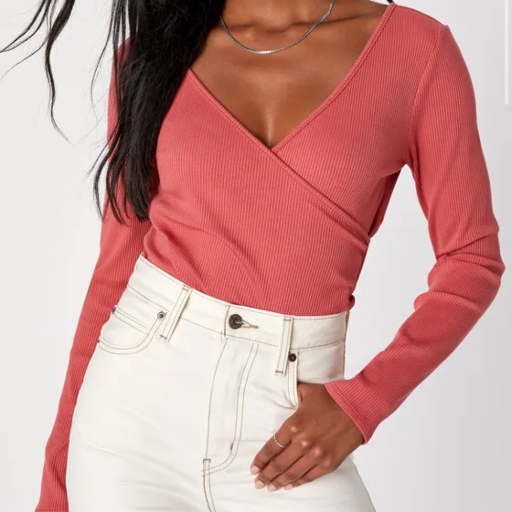 Lulus All Day Fave Rusty Rose Ribbed Surplice Long Sleeve Top Pink